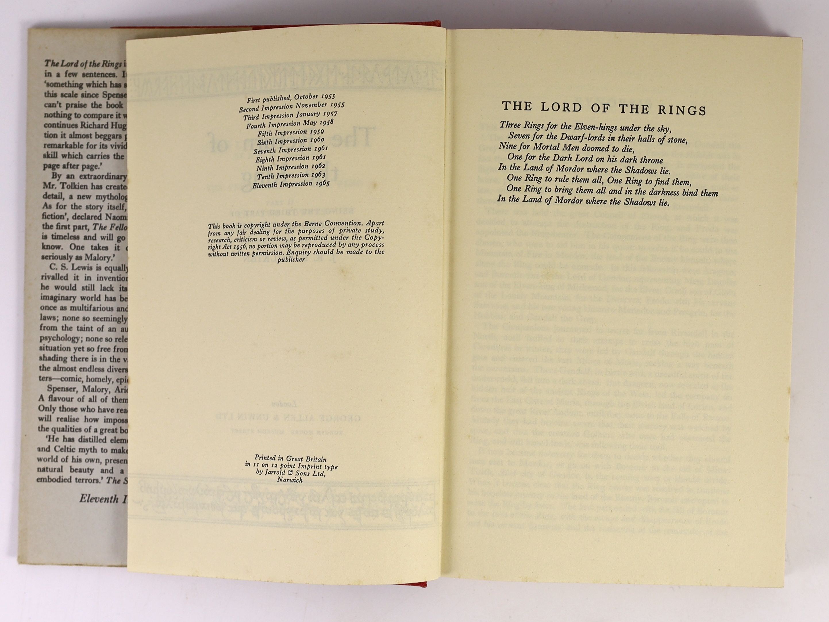 Tolkien, J.R.R - Lord of the Rings - The Fellowship of the Ring, 11th impression, 1961, The Two Towers, 10th impression, 1963 and The Return of the King, 11th impression, 1965, all with unclipped d/j’s, retaining folded